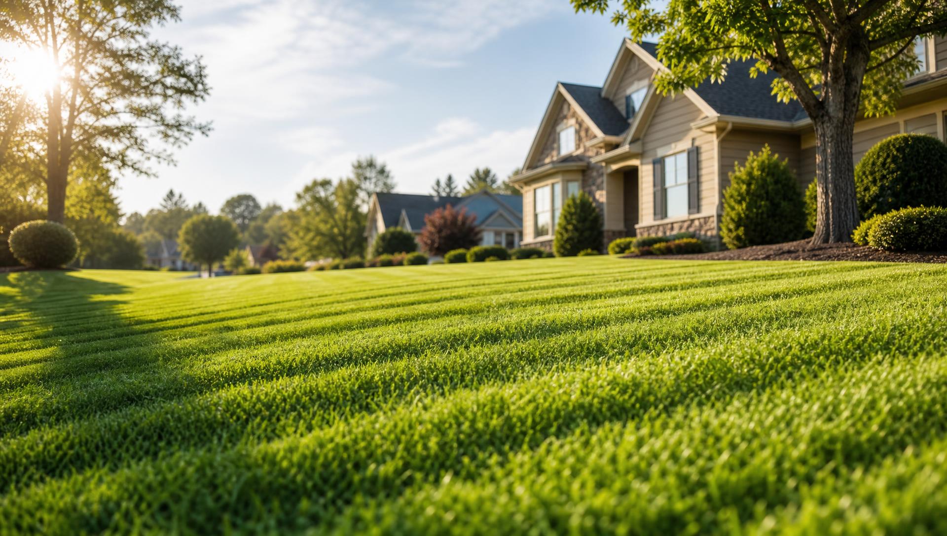 A lush, well-kept lawn in front of a brick and white home in Northeast Georgia
