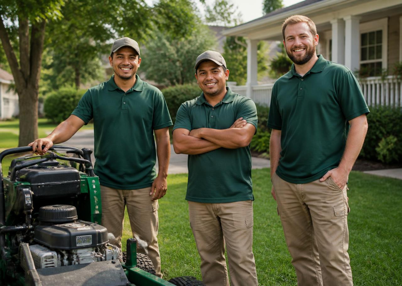 The HT Lawn Services crew standing beside a mower on a green lawn